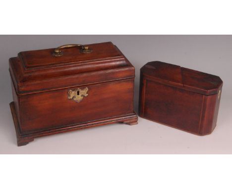 A George III mahogany tea caddy, having sarcophagus hinged cover opening to reveal fitted interior, all raised on ogee bracke