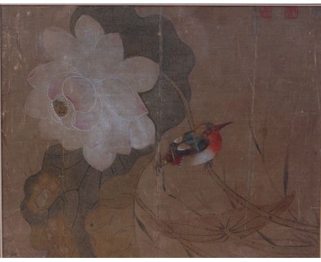 18th century Chinese school - Bird on a branch, watercolour fragment, with two seal marks, 24 x 30cm  Condition Report / Extr