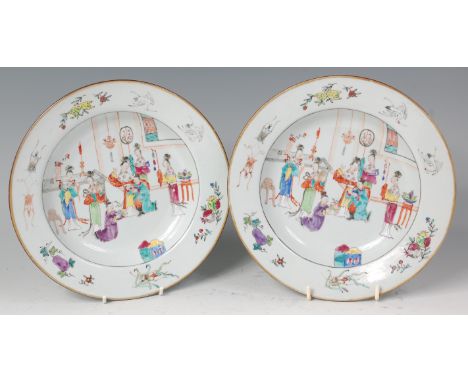A pair of Chinese Qianlong period soup bowls, enamel decorated with interior ceremonial figure scenes, heightened in gilt, di