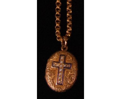 A late Victorian yellow metal boxlink necklace with locket pendant, the pendent finely engraved, enamel and seed pearl set wi