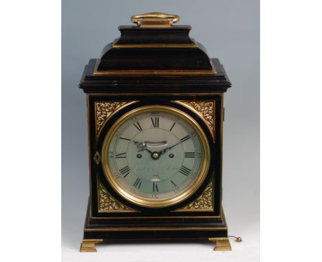 Edward Clark of London early George III ebonised bracket clock, having a signed silvered dial with Roman and Arabic numerals,