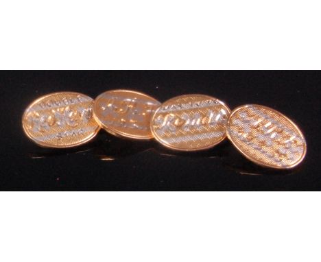 A pair of mid-20th century 18ct two-colour gold gents cufflinks, each with engine turned decoration and presentation inscript