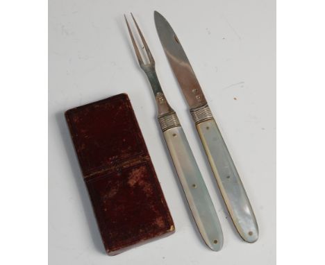 A leather cased pair of George III silver and mother of pearl travelling fruit knife and fork, each with fold-out action, cas