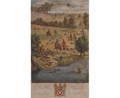 James Collins - Stagg Takeing Soyle, hunting scene, plate from Richard Blome's 'Gentlemens Recreation of 1686', engraving, wi