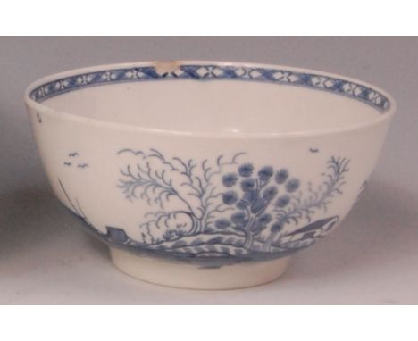 A Lowestoft porcelain slop bowl, circa 1770, underglaze blue painted with a chinoisserie landscape, with Worcester hatched cr