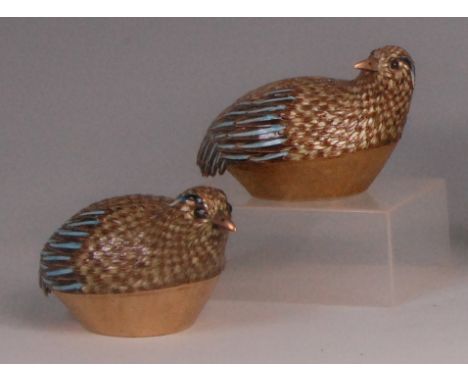 A pair of Su Hai Chinese silver gilt and enamel Kwelin quail, one with its head turned back, No.260/500, 9.5cm, in original f