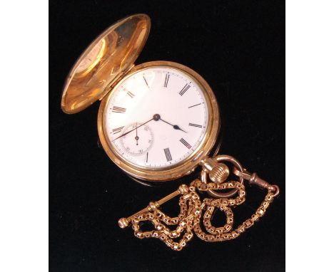 A circa 1900 gents 18ct gold full hunter pocket watch, having unsigned white enamel dial with subsidiary seconds dial, Roman 