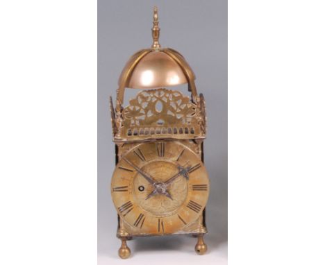 John Wrightin of Mansfield a Victorian brass lantern clock, having domed bell top, dolphin fret carved frieze, signed dial wi