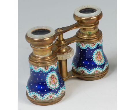 A pair of late 19th century lacquered brass and guilloche enamel opera glasses, the mother of pearl eyepieces marked Waldstei