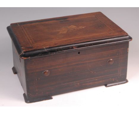 A circa 1900 Swiss rosewood and marquetry inlaid music box, the 6¼" cylinder playing eight airs and striking on three bells, 