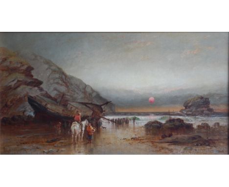 W Gibbons (late C19th) - Bringing home the catch at sunset, oil on canvas, signed and dated lower left 1896, 24 x 43cm Condit