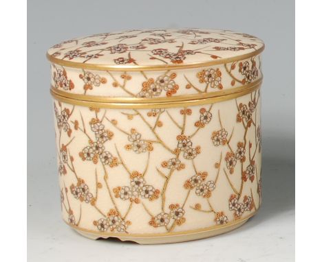 A Japanese Meiji period satsuma trinket box and cover, enamel and gilt decorated with blossom and bamboo, signed verso, h.8cm