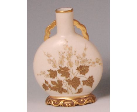 A late Victorian Royal Worcester moonflask, gilt enamel decorated with wildflowers on an ivory ground, printed and impressed 