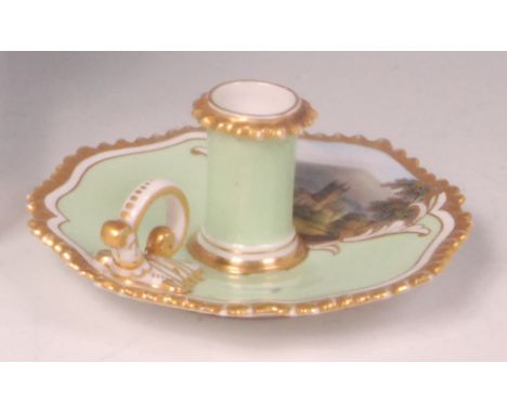 A Flight Barr & Barr of Worcester porcelain chamberstick, finely painted with a reserve of Malvern Cathedral within a pale gr