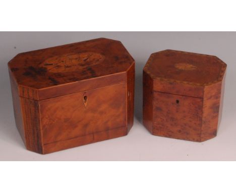 A George III walnut and marquetry inlaid tea caddy, having canted corners and fitted interior, w.19.5cm; and one other smalle
