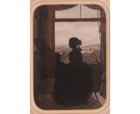 19th century school - The music room, portrait silhouette with landscape beyond, watercolour, 33 x 23cm  Condition Report / E