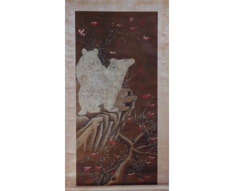 An antique Chinese silkwork scroll painting, depicting white wolves upon a clifftop, signed and with seal marks, image 108 x 