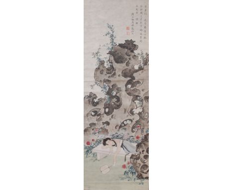 Follower of Chen Shaomei (Chinese 1909-1954) - Sleeping maiden in a landscape, watercolour scroll, framed and glazed, with ch