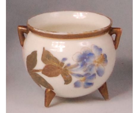 A late Victorian Royal Worcester miniature cauldron, decorated with flowers on an ivory ground, heightened in gilt, circa 188
