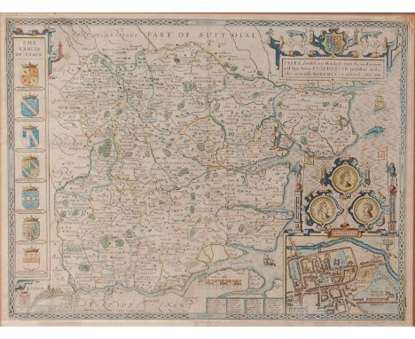 Norden & Speed - Essex divided into Hundreds, county map with inset town plan for Colchester and coats of arms for the Earls 