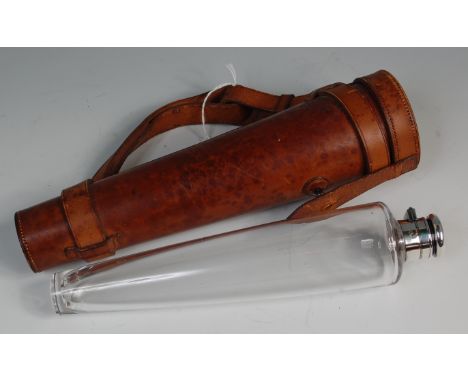 A circa 1900 leather cased glass hunting flask, by James Dixon & Sons, with hinged plated cap, 25cm  