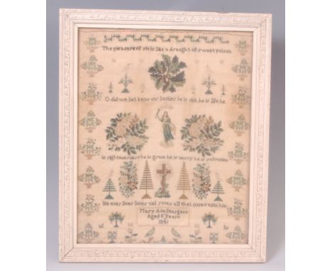 An early Victorian needlework, verse and picture sampler, by Mary Ann Sturgeon, aged 8 years, dated 1841, 40 x 32cm, later fr