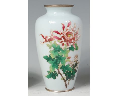 A Japanese cloisonné enamel vase of shouldered baluster form, decorated with chrysanthemums on an eggshell blue ground, h.18c