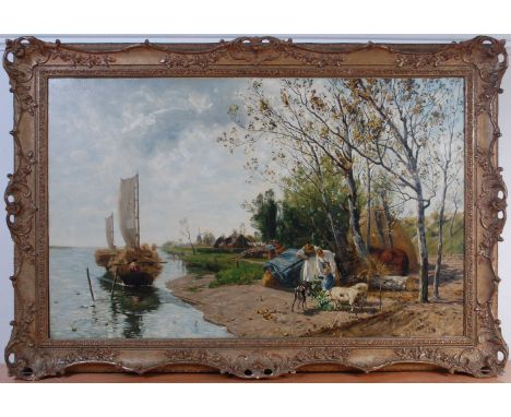Gustav Schonleber (German 1851-1917) - River landscape with barges, figures and livestock, oil on canvas (re-lined), signed a