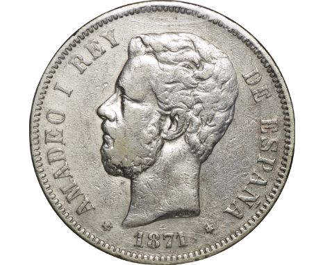 ｽﾍﾟｲﾝ (Spain) / ｱﾏﾃﾞｵ1世像 5ﾍﾟｾﾀ銀貨 1871年(SD-M) KM666 / 普 / Amadeao I 5 Pesetas Silver / F / 25.00g / 37.40mm / .900