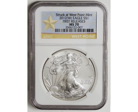 ｱﾒﾘｶ合衆国 (United States) / ｲｰｸﾞﾙ 1ﾄﾞﾙ銀貨 2012年(W) KM273 / 完全未使用 / American Eagle 1 Dollar Silver / BU / NGC MS70 WEST POINT FIR