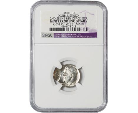 ｱﾒﾘｶ合衆国 (United States) / ﾙｰｽﾞﾍﾞﾙﾄ 10ｾﾝﾄ白銅貨 ｴﾗｰ 1980年 KM195a / 極美 / Roosevelt Dime Silver Mint Error / EF / 2度打 NGC UNC DETAI