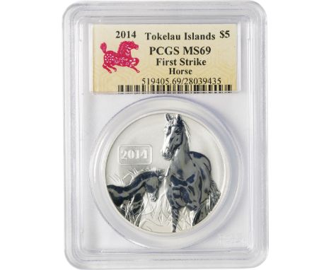 ﾄｹﾗｳ (Tokelau) / 十二支干支動物 午年馬図 5ﾄﾞﾙ銀貨 2014年 / 未使用 / Year of the Horse 5 Dollars Silver / UNC / PCGS MS69 First Strike / 31.10g