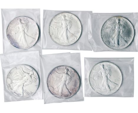ｱﾒﾘｶ合衆国 (United States) / ｲｰｸﾞﾙ 1ﾄﾞﾙ銀貨6点揃 1987年 KM273 / 未使用 / American Eagle 1 Dollar Silver 6-Pieces / UNC / 1987年、1990年(3枚)