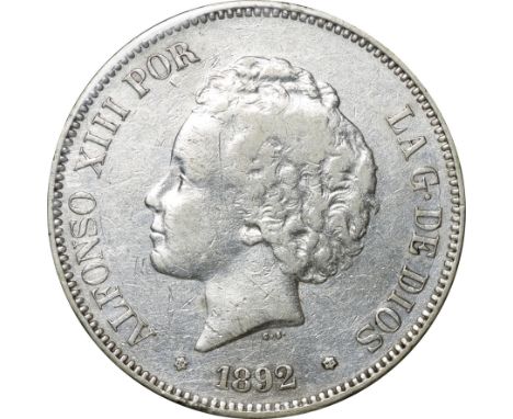 ｽﾍﾟｲﾝ (Spain) / ｱﾙﾌｫﾝｿ13世 幼年像 5ﾍﾟｾﾀ銀貨 1892年(PG-M) KM700 / 普/美 / Alfonso XIII Child Head left 5 Pesetas Silver / F/VF / 25.00g