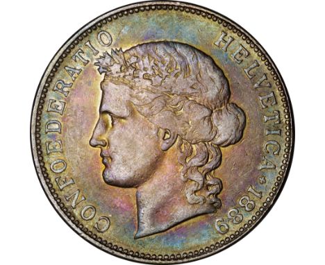 ｽｲｽ (Switzerland) / 女神頭像 5ﾌﾗﾝ銀貨 1889年(B) KM34 / 美 / Laureate Head left 5 Francs Silver / VF / ﾄｰﾝ 指紋あり / 25.00g / 37.30mm / .
