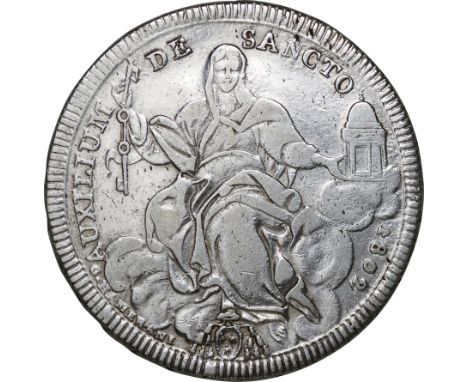 ﾊﾞﾁｶﾝ教皇領 (Papal States) / ﾋﾟｳｽ7世 1ｽｸｰﾄﾞ銀貨 1802年 KM1249 / 普 / Pius VII Seated Female in Clouds holding Key 1 Scudo Silver / F 