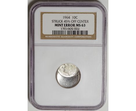 ｱﾒﾘｶ合衆国 (United States) / ﾙｰｽﾞﾍﾞﾙﾄ 10ｾﾝﾄ銀貨 ｴﾗｰ 1964年 KM195 / 極美/未 / Roosevelt Dime Silver Mint Error / AU / NGC MS63 MINT ERR