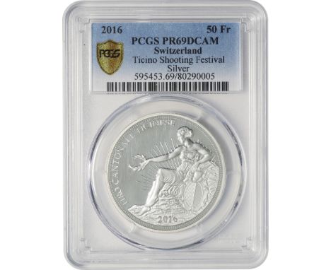 ｽｲｽ (Switzerland) / ｽｲｽ連邦現代射撃祭記念貨 ﾃｨﾁｰﾉ州 50ﾌﾗﾝ銀貨 2016年 / ﾌﾟﾙｰﾌ / Shooting Festival Ticino 50 Francs Silver Proof / PCGS PR69D