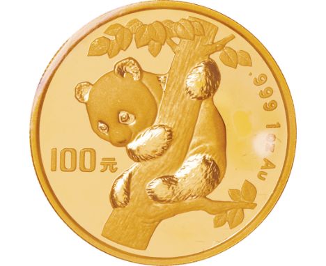 中国 (China) / ﾊﾟﾝﾀﾞ図 100元(1ｵﾝｽ)金貨 1996年 KM887 / 未使用 / Panda 100 Yuan (1oz) Gold / UNC / 31.10g / 32.00mm / .999