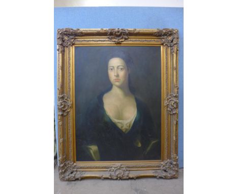 A large 18th Century style half portrait of a lady, oil on canvas, 120 x 90cms, framed 