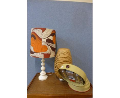 Two 1970's style table lamps and a vintage heat lamp 