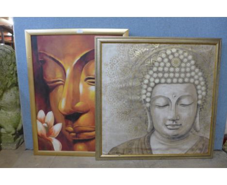 An oil portrait of a lady's head and a print of a deity 