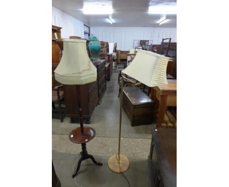 A mahogany standard lamp and a brass standard lamp 