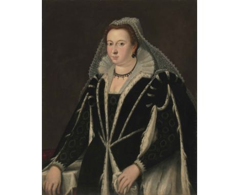 Portrait einer Dame in schwarzem Samtkleid mit Hermelinbesatz und Spitzenkragen. Öl auf Leinwand. 107x84,5 cm.- Geschnitten u