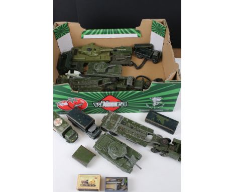 13 x loose playworn Dinky military diecast models to include 621 3 Ton Army Wagon, 626 Military Ambulance, 651 Centurion Tank