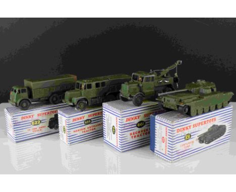 Four boxed military Dinky Supertoys to include 622 10 Ton Army Truck, 689 Medium Artillery Tractor, 651 Centurion Tank and 66
