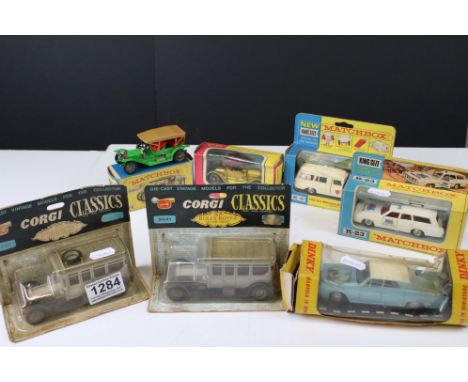 A collection of vintage boxed diecast vehicles to include Matchbox K-6 King Size Mercedes Benz Binz Ambulance, Matchbox K-23 