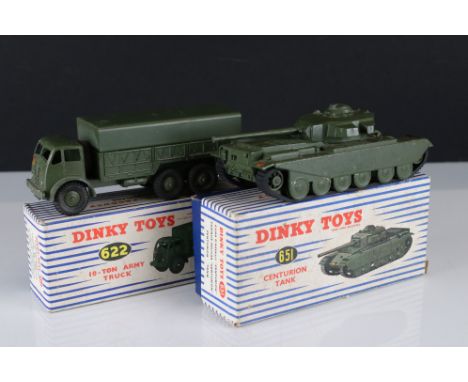 Four boxed Dinky Supertoys military diecast models to include 651 Centurion Tank, 661 Recovery Tractor, 622 10 Ton Army Truck