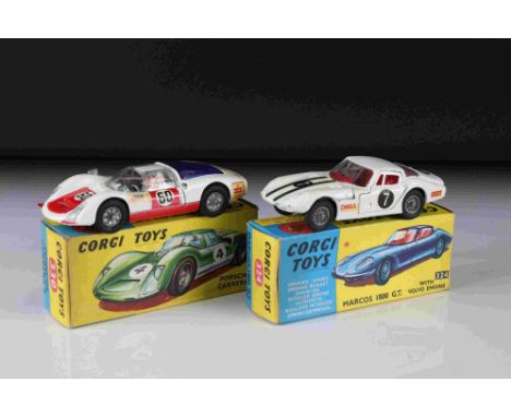 Two boxed Corgi diecast models to include 324 Marcos 1800 GT with Volvo engine in white, race number 7, vg with vg decals, bo