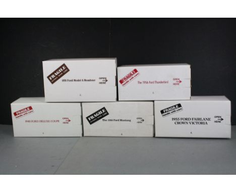 Five boxed Danbury Mint 1:24 scale diecast models to include 1966 Ford Mustang in black, 1956 Ford Thunderbird in red, Ford M